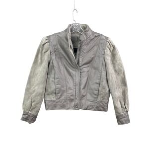 Le Soleil Leather Jacket Women's 5-6 Gray Vintage Suede Mixed Media Puff Sleeves